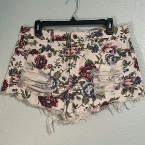 Forever 21 Cream Shorts with Multi Color Floral Details and distressing on front